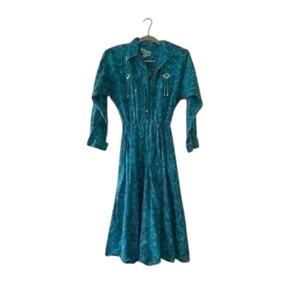 Vintage Western Teal Marbled Midi Dress Silver Hardware rodeo Cowgirl